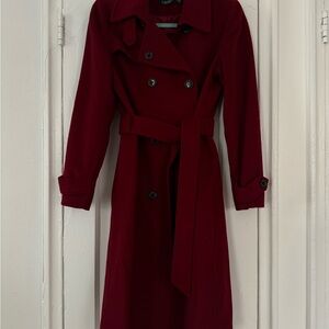 Ralph Lauren Cranberry Red Wool blend belted pea trench coat Button Detail
